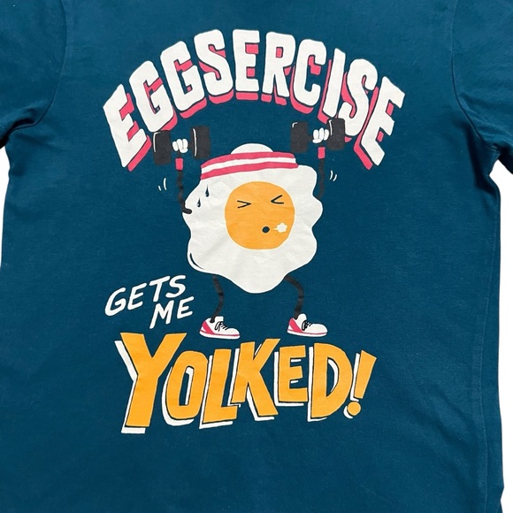 Rumi + Ryder S (6-7) Teal 'Eggsercise' Gets Me Yolked Egg Graphic Tee Shirt - Picture 2 of 5